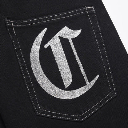 Men Jeans Hip Hop Print Baggy Pants Foot Burr
