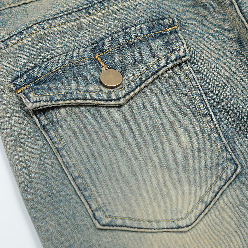 Men Jeans Bell-Bottom Pants Distressed Loose Casual Retro