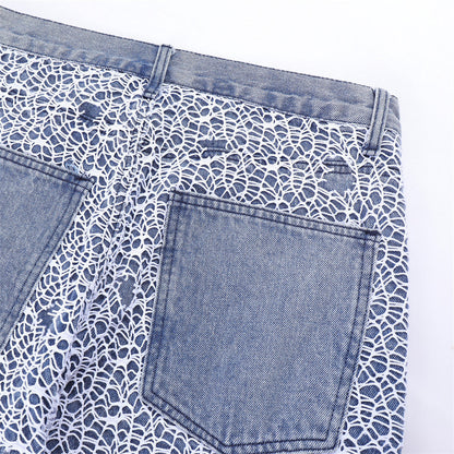 Men Jeans Hole Mesh Stitching Loose Straight