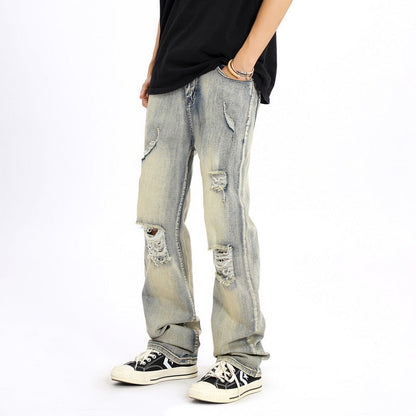 Men Jeans Ripped Jeans for Men and Women Loose Retro Straight-Leg Pants