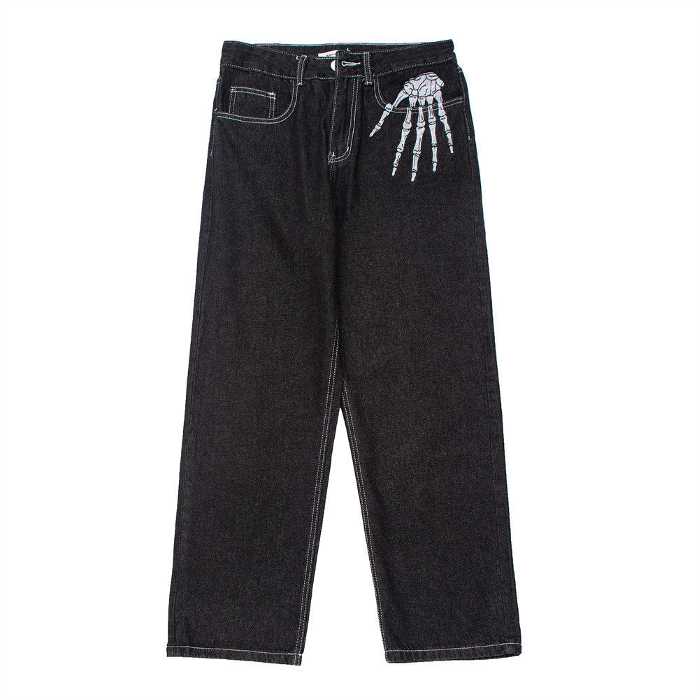 Men Jeans Bone Embroidery Pattern Loose Wide Leg Straight Trend