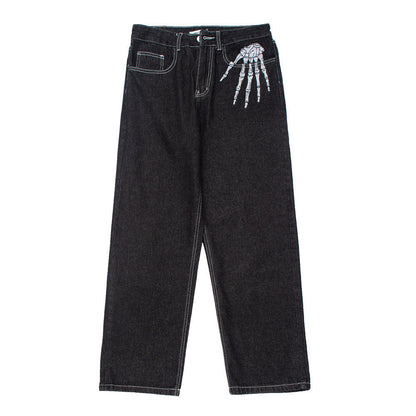 Men Jeans Bone Embroidery Pattern Loose Wide Leg Straight Trend