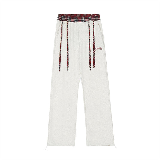 Men Sweatpants Straight Casual Pants Stitching Loose Long Sports Pants Elastic Waist Sports Drawstring Ankle Banded Pants
