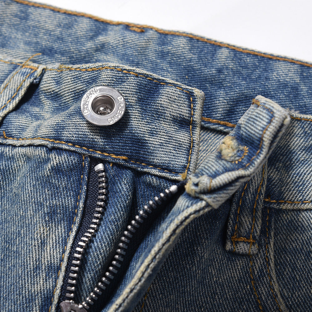 Men Jeans Loose Straight Personality Wide Leg Zipper Decorations