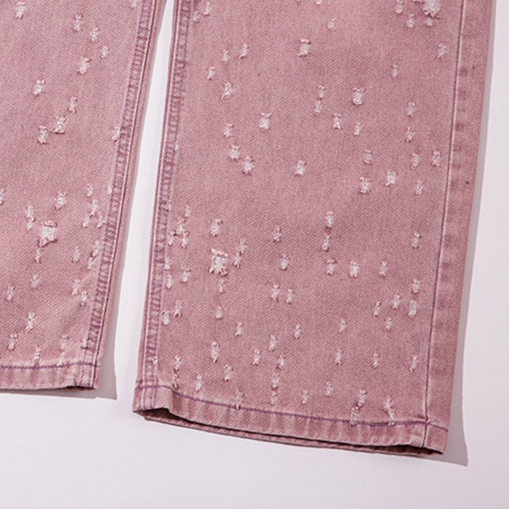 Women Pants Pink Straight Ripped Jeans for Women