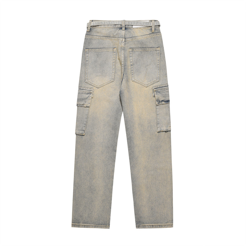 Men Jeans Multi-Pocket Loose Distressed Straight Casual