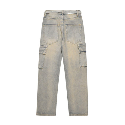 Men Jeans Multi-Pocket Loose Distressed Straight Casual
