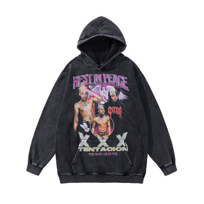 Men Hoodie Portrait Wash Hoodie Retro Hip Hop Distressed Hooded Sweater
