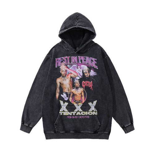 Men Hoodie Portrait Wash Hoodie Retro Hip Hop Distressed Hooded Sweater