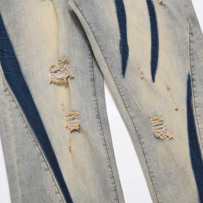 Men Jeans Color Matching Stitching Ripped Jeans Men's High Street Hip Hop Vintage Loose Wash Distressed Straight Long Pants