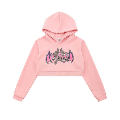 Women Hoodie Retro Sweet and Spicy Hooded Sweater Women's Spring and Autumn Devil Wings Short Top