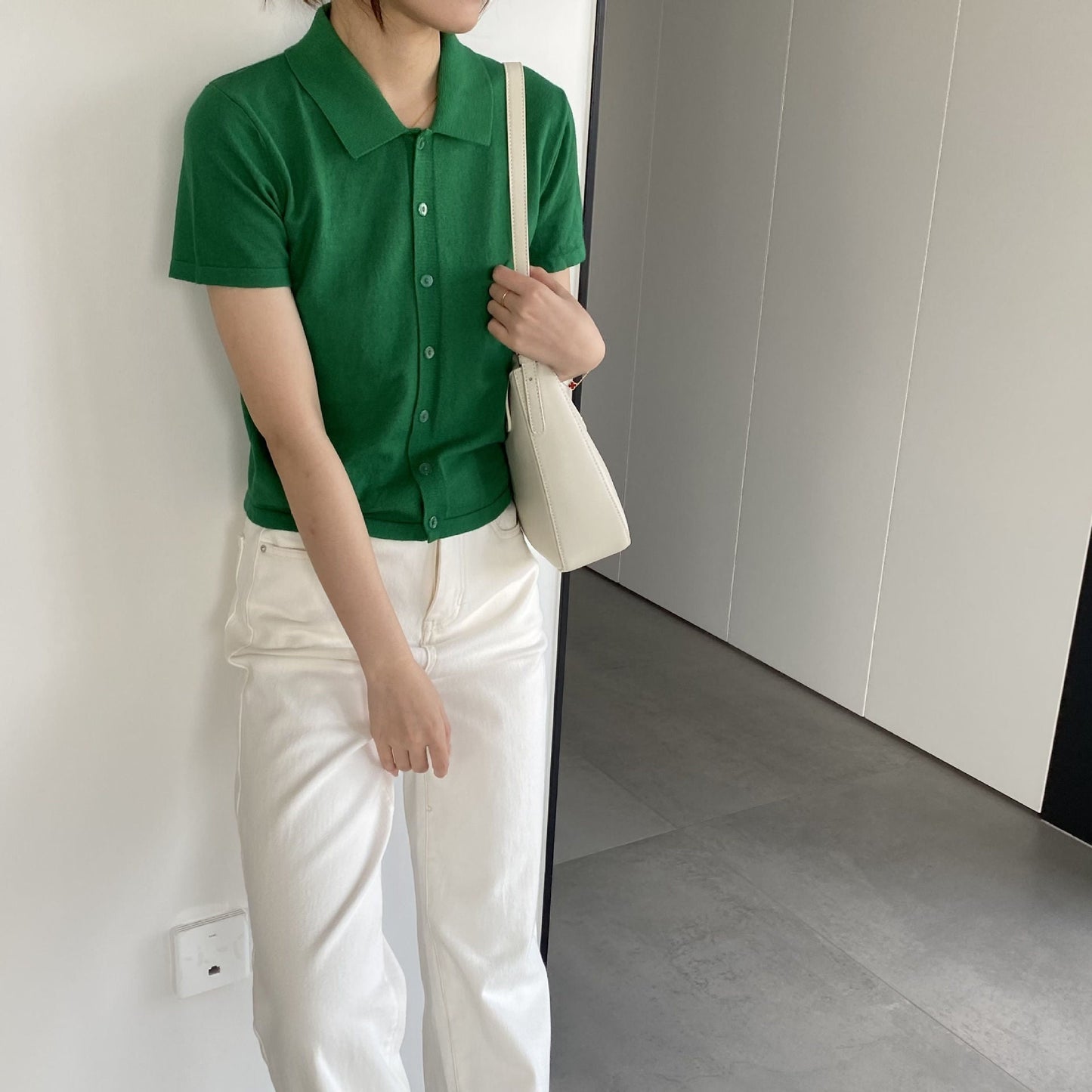 Women Knitted T-shirt Knitted Cardigan Jacket Slim Fit Short Sleeve Polo Collar Top