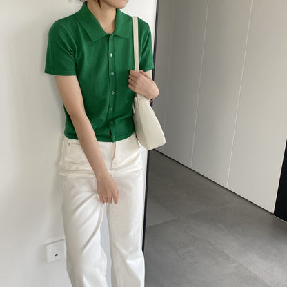 Women Knitted T-shirt Knitted Cardigan Jacket Slim Fit Short Sleeve Polo Collar Top