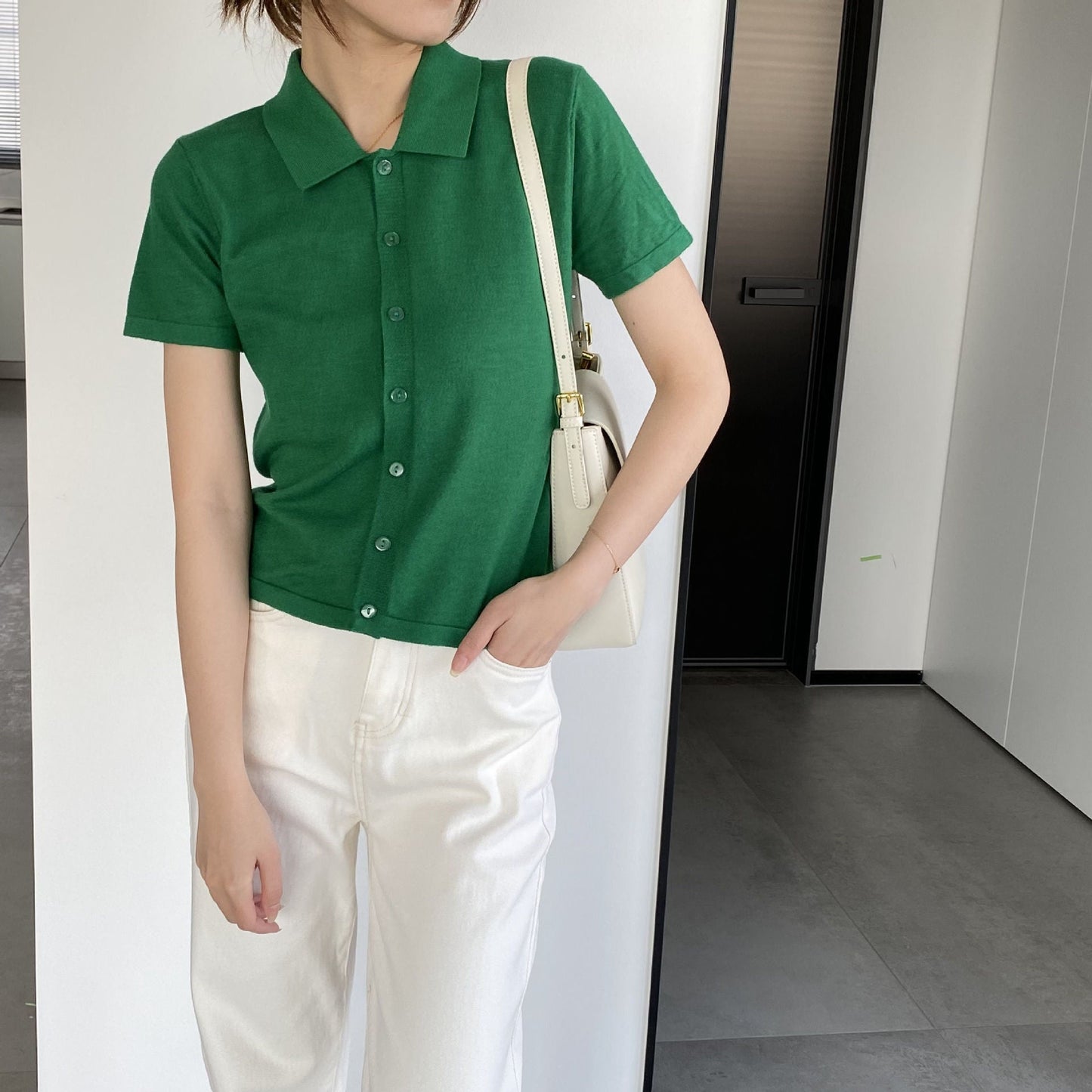 Women Knitted T-shirt Knitted Cardigan Jacket Slim Fit Short Sleeve Polo Collar Top