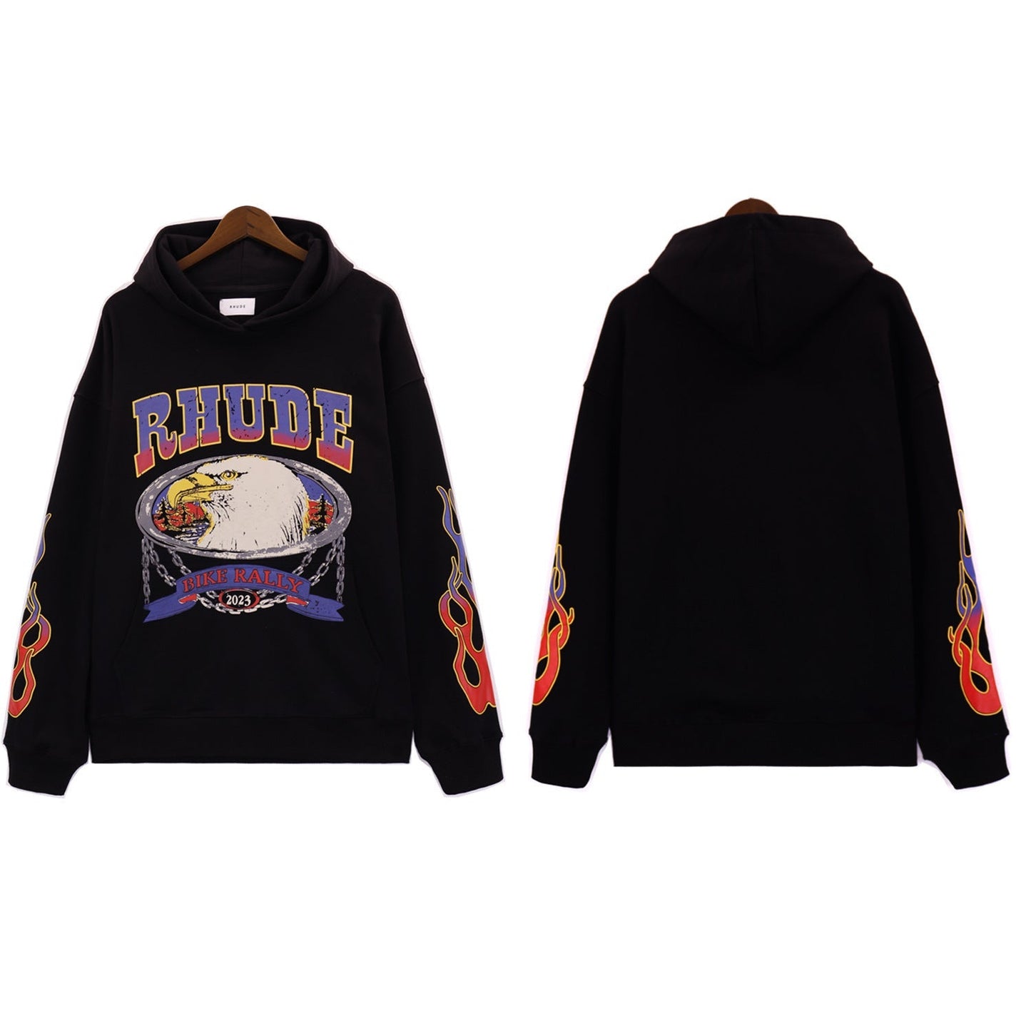 Rhude Hoodie Alphabet Eagle Flame Sleeve Hooded Sweater