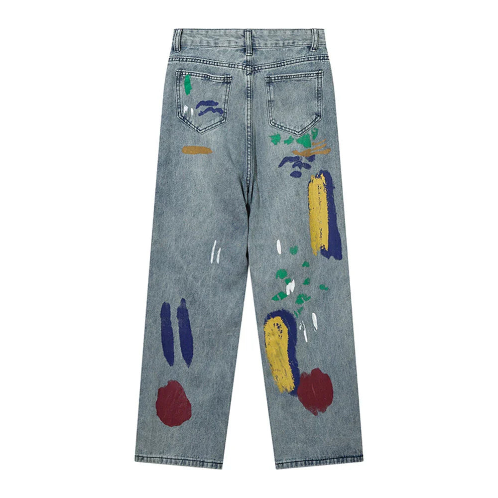 Women Pants Graffiti Ripped Straight Jeans Loose High Waist Wide Leg Pants Trousers