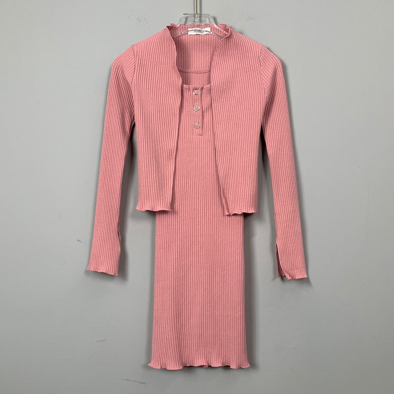 Women Dresses Square Collar Vest Camisole Cardigan Jacket Long-Sleeved V-neck Dress