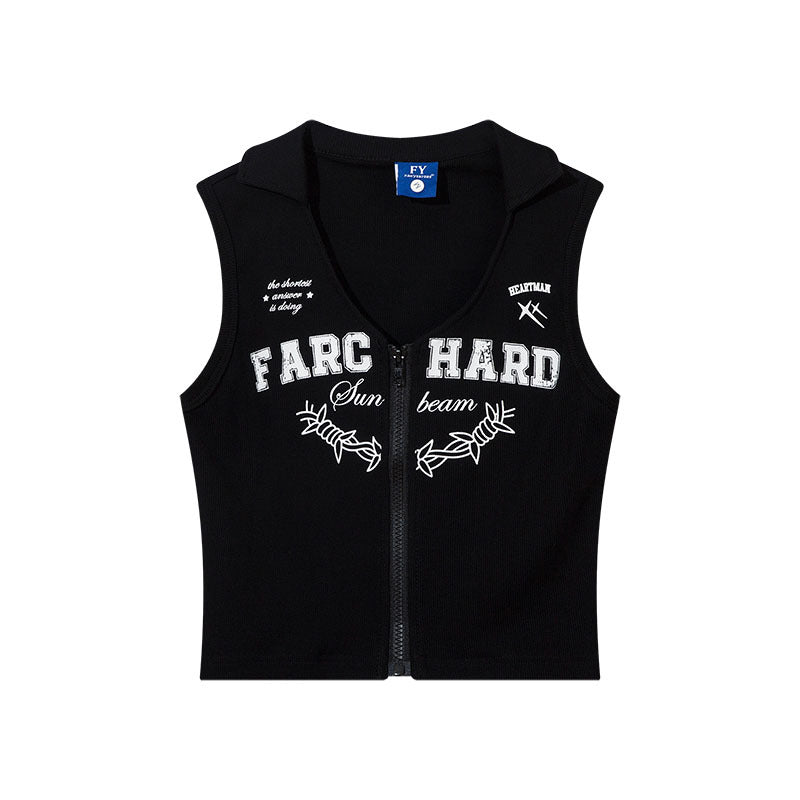 Women Vest Vintage Printing Lapel Zipper Short Vest