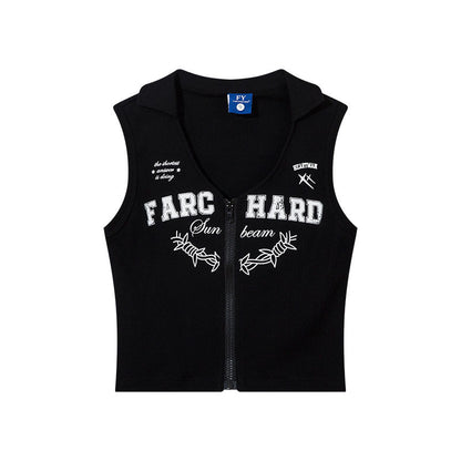 Women Vest Vintage Printing Lapel Zipper Short Vest
