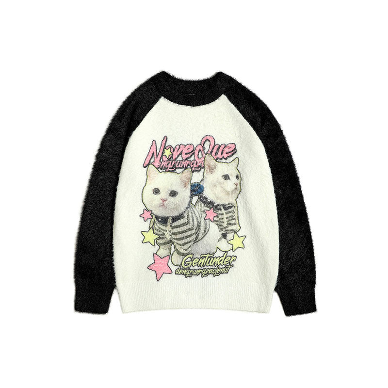 Women Sweater Color Matching Couple Sweater Retro Vibe Loose All-Match