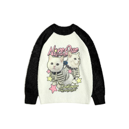 Women Sweater Color Matching Couple Sweater Retro Vibe Loose All-Match