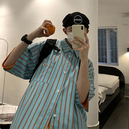 Men Shirt Striped Summer Loose