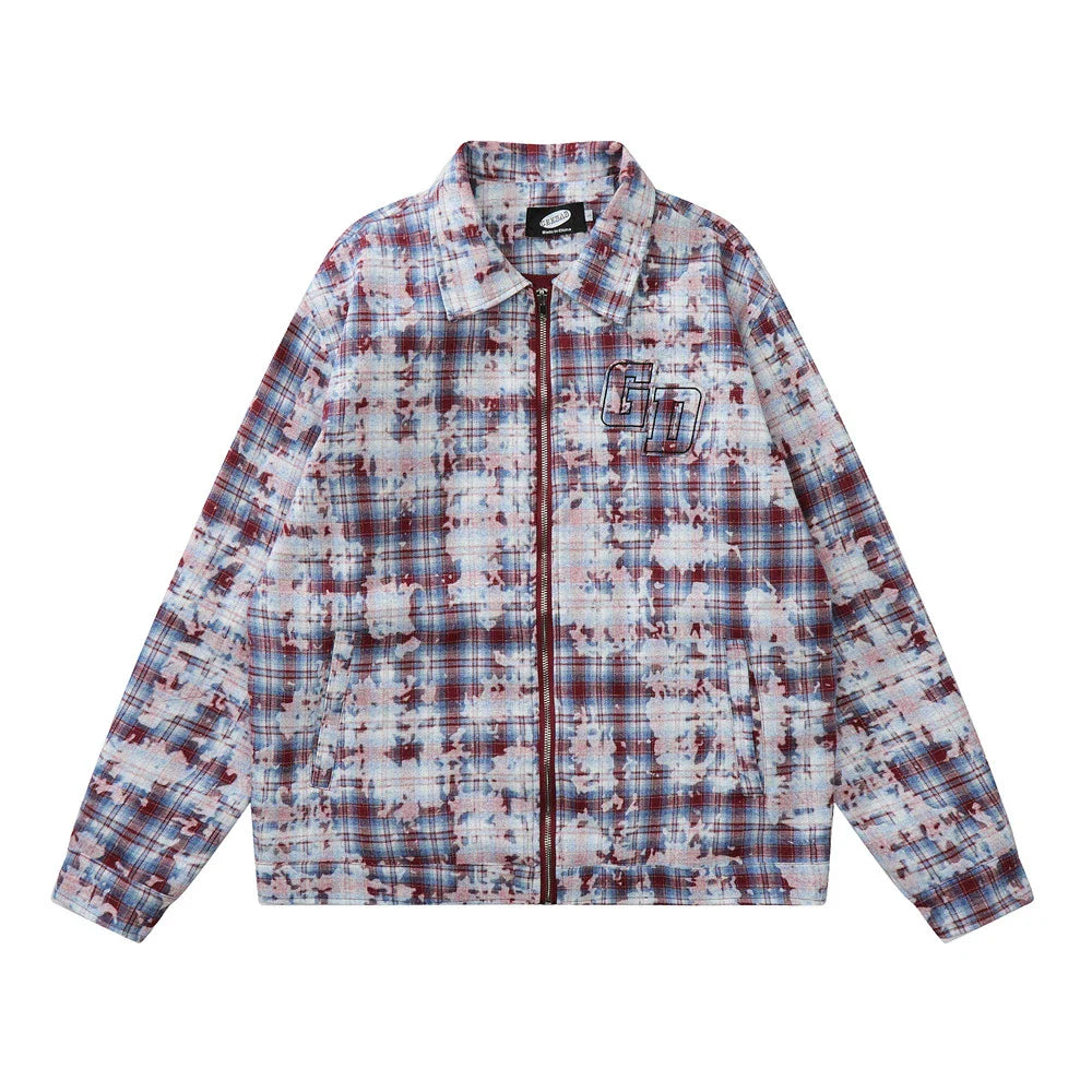 Men Jacket Coat Tie-Dyed Distressed Plaid Shirt Jacket Men's Loose Autumn Long Sleeve Zipper and Lapel Shirt Coat