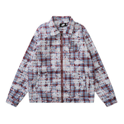 Men Jacket Coat Tie-Dyed Distressed Plaid Shirt Jacket Men's Loose Autumn Long Sleeve Zipper and Lapel Shirt Coat