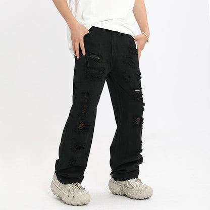 Men Jeans Ripped Jeans Vintage Distressed Straight-Leg Denim Trousers