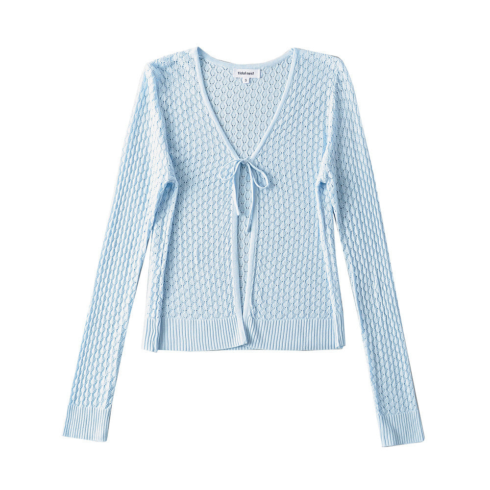 Women Sweater Knitwear Knitted Sun Protection Shirt Summer Slim Fit V-neck Hollow Lace-up Cardigan Jacket