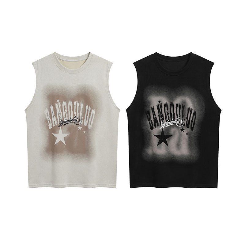 Men Vest Head Letter Suede Sleeveless T-shirt