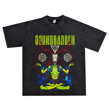 Rock Star T Shirt Soundgarden Band Washed Distressed T-shirt Short Sleeve Loose Cotton Men and Women
