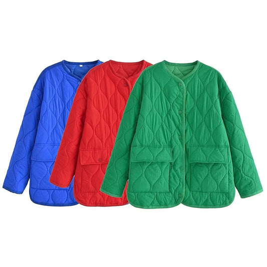 Women Cotton Coat Fashion Collarless Diamond Lattice Loose