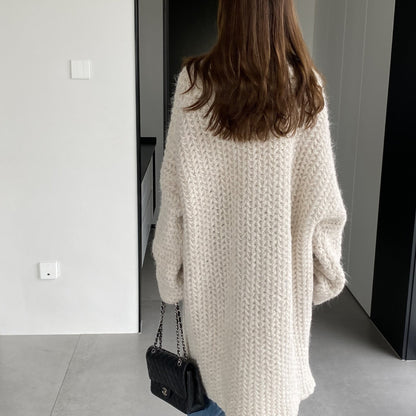 Women Cardigan Sweater Autumn and Winter Loose Pocket Texture Interwoven Long Cardigan Jacket Kc81