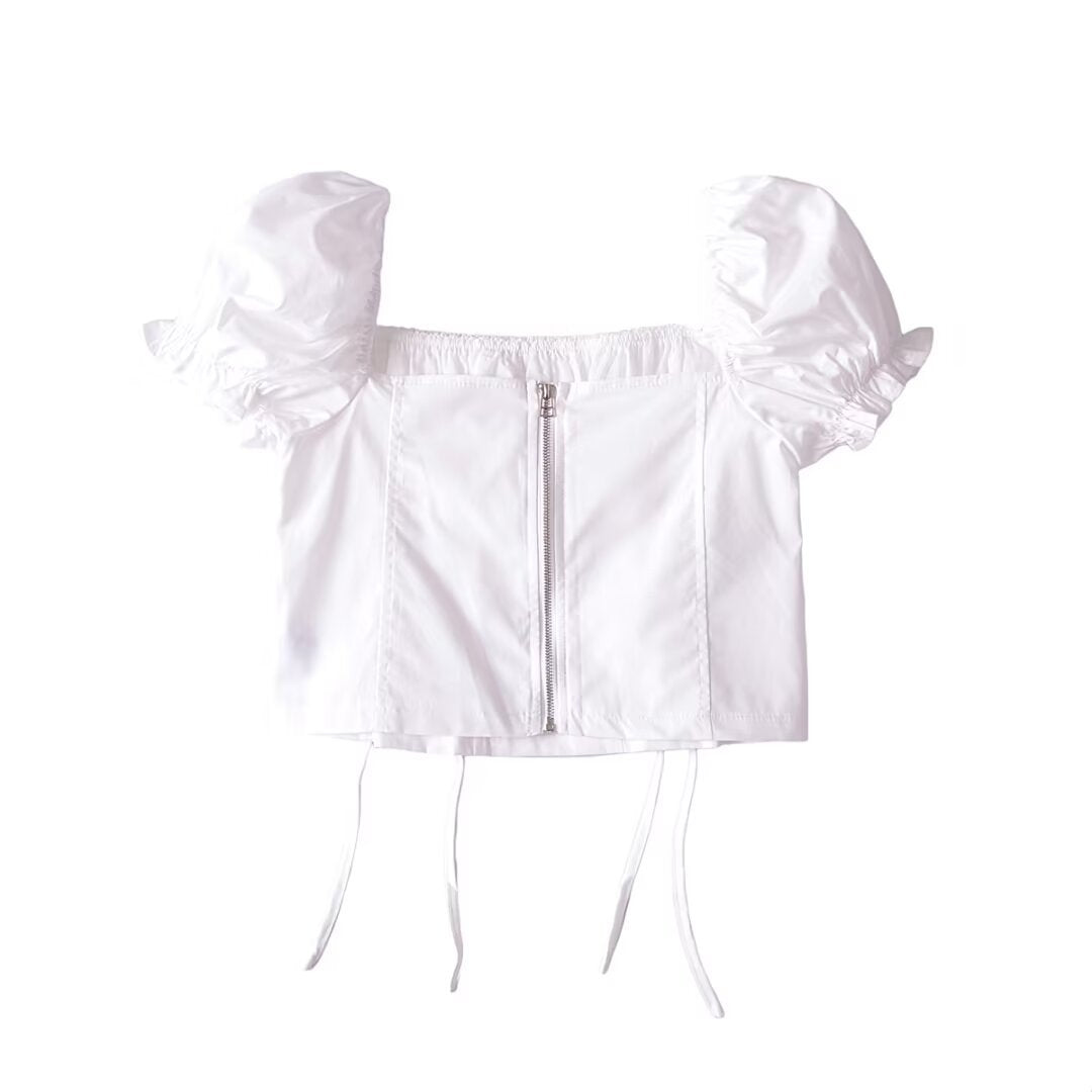Women Tops Summer Vintage Court Style Puff Sleeve Square Collar Lace up Shirt