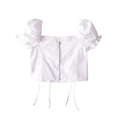 Women Tops Summer Vintage Court Style Puff Sleeve Square Collar Lace up Shirt