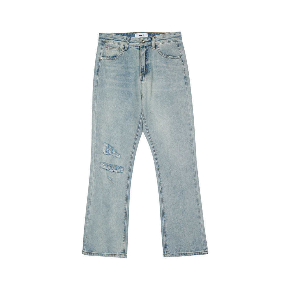 Men Jeans Solid Color Ripped Distressed Loose Trendy Slightly Flared