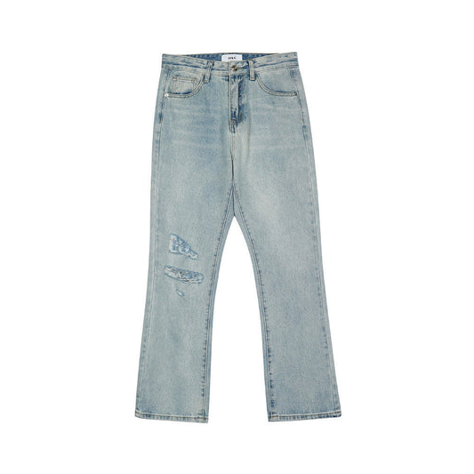 Men Jeans Solid Color Ripped Distressed Loose Trendy Slightly Flared