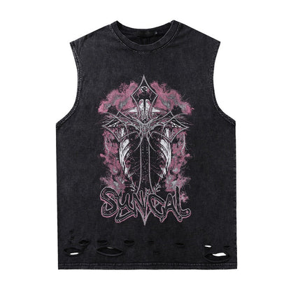 Men Vest Vintage Gothic Cross Washed Distressed Vest