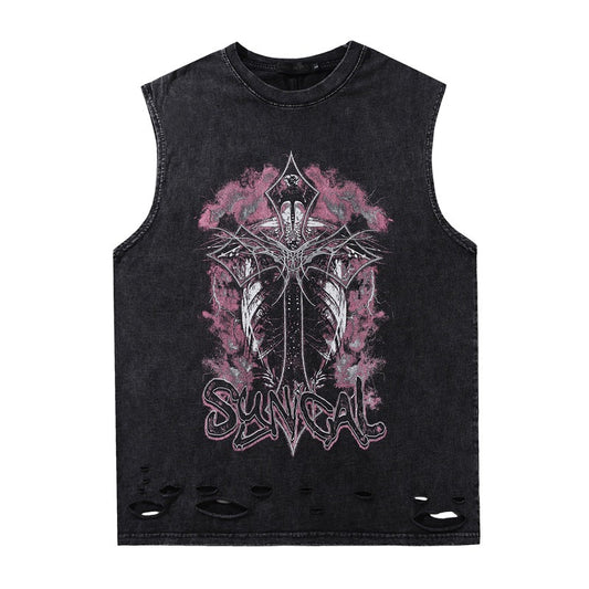Men Vest Vintage Gothic Cross Washed Distressed Vest