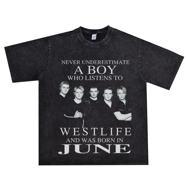 Rock Star T Shirt Westlife Xicheng Boy Washed Distressed T-shirt Short Sleeve Loose Cotton