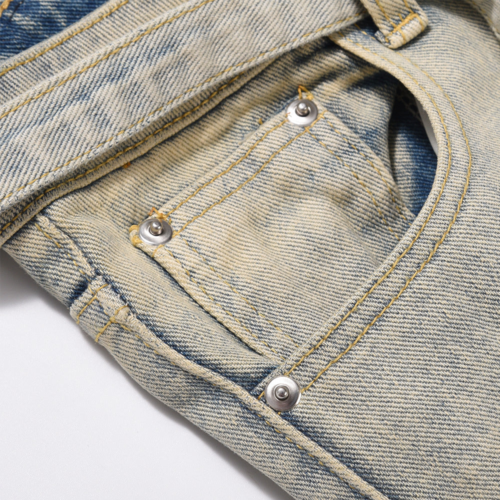 Men Jeans Multi-Pocket Loose Distressed Straight Casual