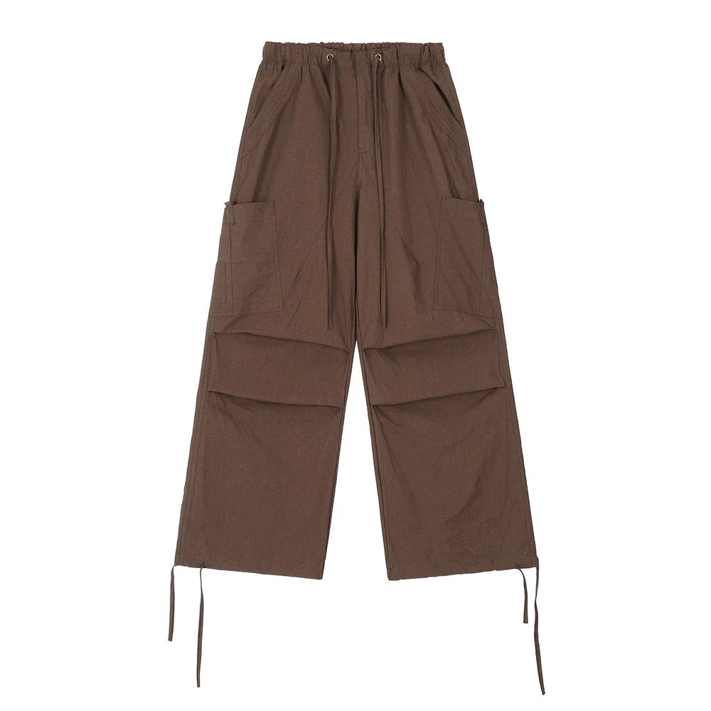 Men Sweatpants Pleated Casual Pants Men's Pocket Straight-Leg Trousers Drawstring Jogger Pants