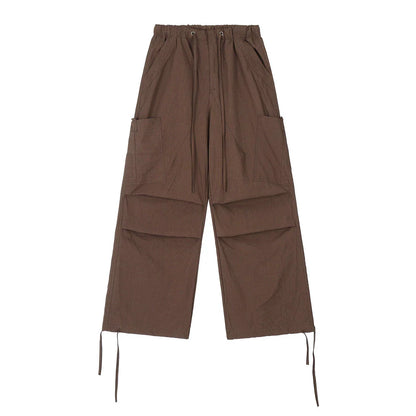 Men Sweatpants Pleated Casual Pants Men's Pocket Straight-Leg Trousers Drawstring Jogger Pants