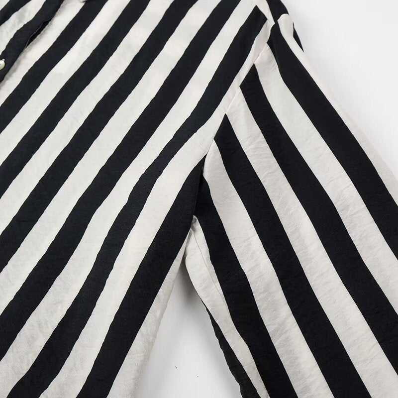 Women Tops Summer Striped Shirt Single-Breasted Mid-Length Top