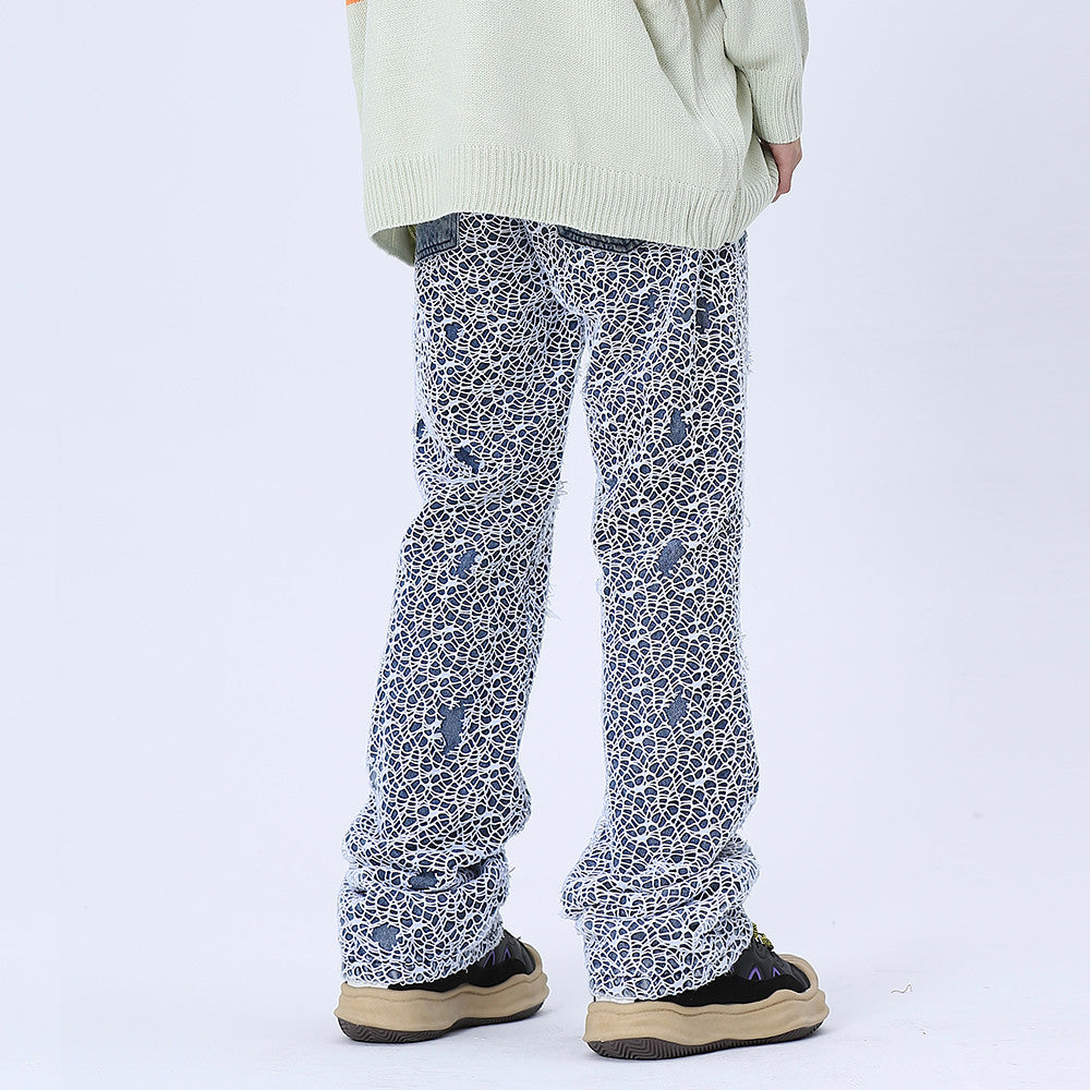 Men Jeans Hole Mesh Stitching Loose Straight