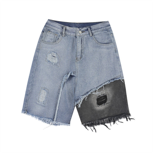 Men Shorts Patchwork Patch Ripped Denim Shorts
