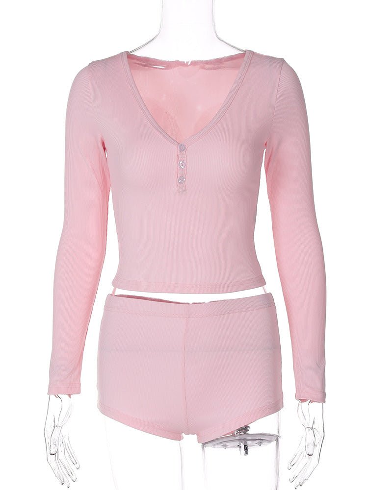 Women Co-Ord Set Casual Yoga Two-Piece V-neck Shorts Suit