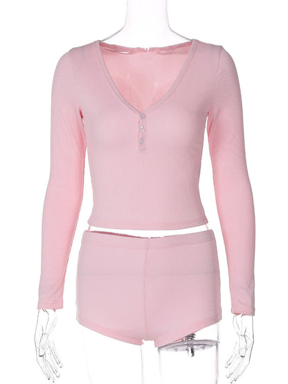 Women Co-Ord Set Casual Yoga Two-Piece V-neck Shorts Suit