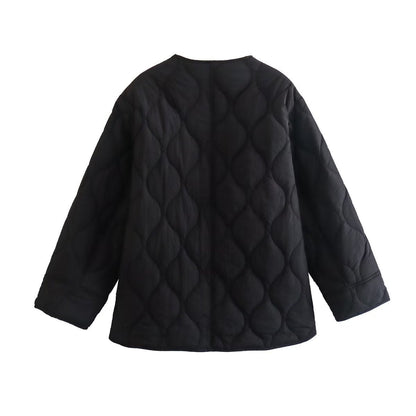 Women Cotton Coat Fashion Collarless Diamond Lattice Loose